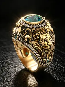 18K Gold Tone Plated Stainless Steel Men Lion Crown Signet Ring, Oval Round Blue Topaz Cubic Zirconia Inlay, 3D Embossed Lion Head Crown Scroll Pattern Wide Band, Hypoallergenic Tarnish Resistant Royal King Gothic Luxury Statement Jewelry Gift For Guys
