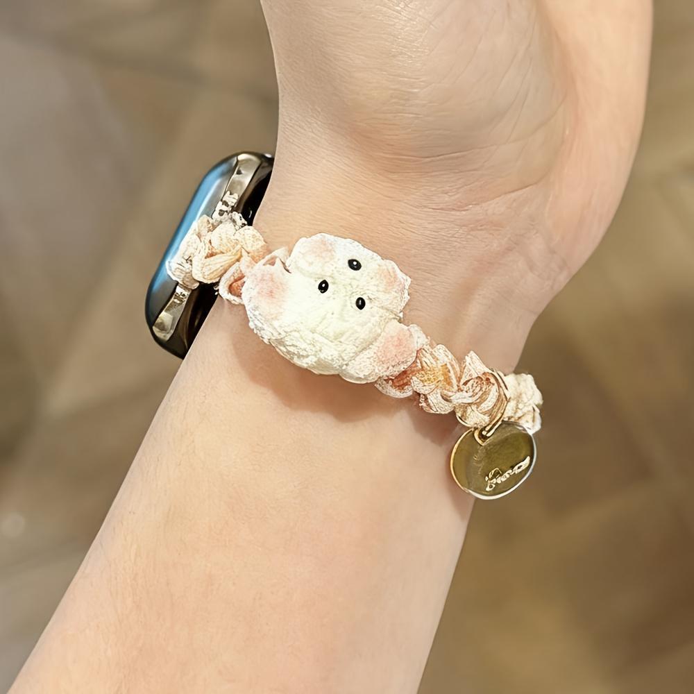 Stylish Cute Scrunchie Gradual Change Elastic Bands with 3D Puppy Dog Pendant for Apple Watch Band 46mm 45mm 44mm 41mm 42mm 38mm 40mm 49mm Ultra 2 Kawaii Adjustable Nylon Straps for iWatch Series 10 9 8 SE 7 6 Stylish Smartwatch Wristband