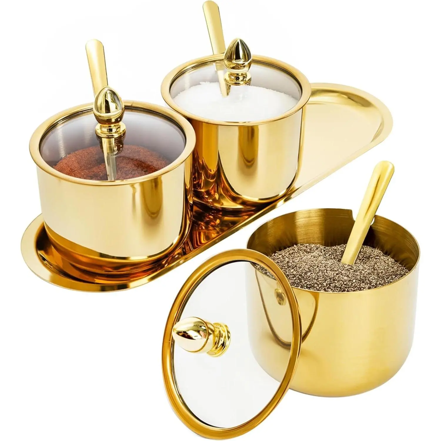 Set of 3 Grids 304 Stainless Steel Seasoning Containers with Glass Lid Spoon and Tray, 11 oz Gold Condiment Jar Spice Container, Condiment Canisters Pots for Serving Sugar, Pepper, Salt, Candy