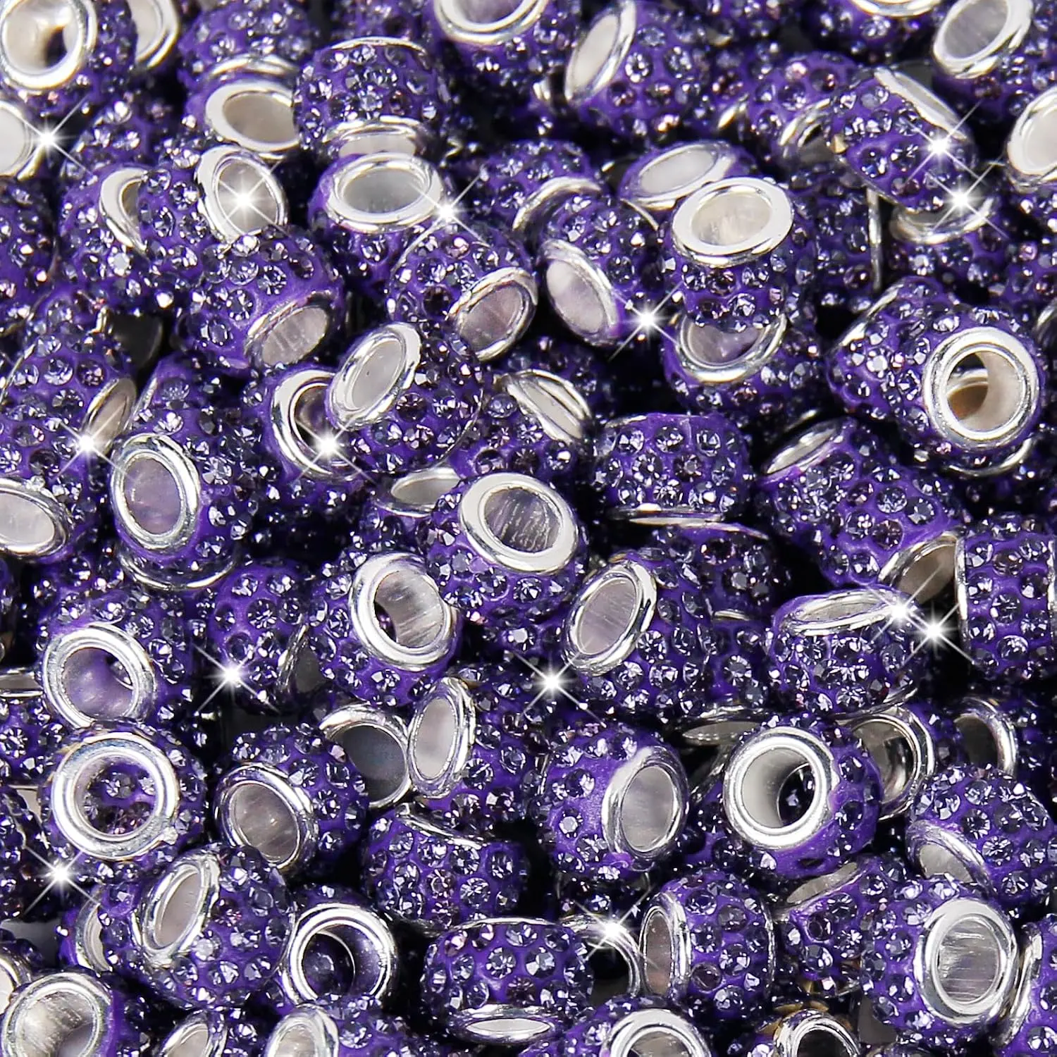 100 count European Rhinestone Large Hole Beads,  European Craft Bead Rhinestone Lampwork Beads Large Hole Spacer Bead for DIY Charms Bracelet Necklace  Making Supplies