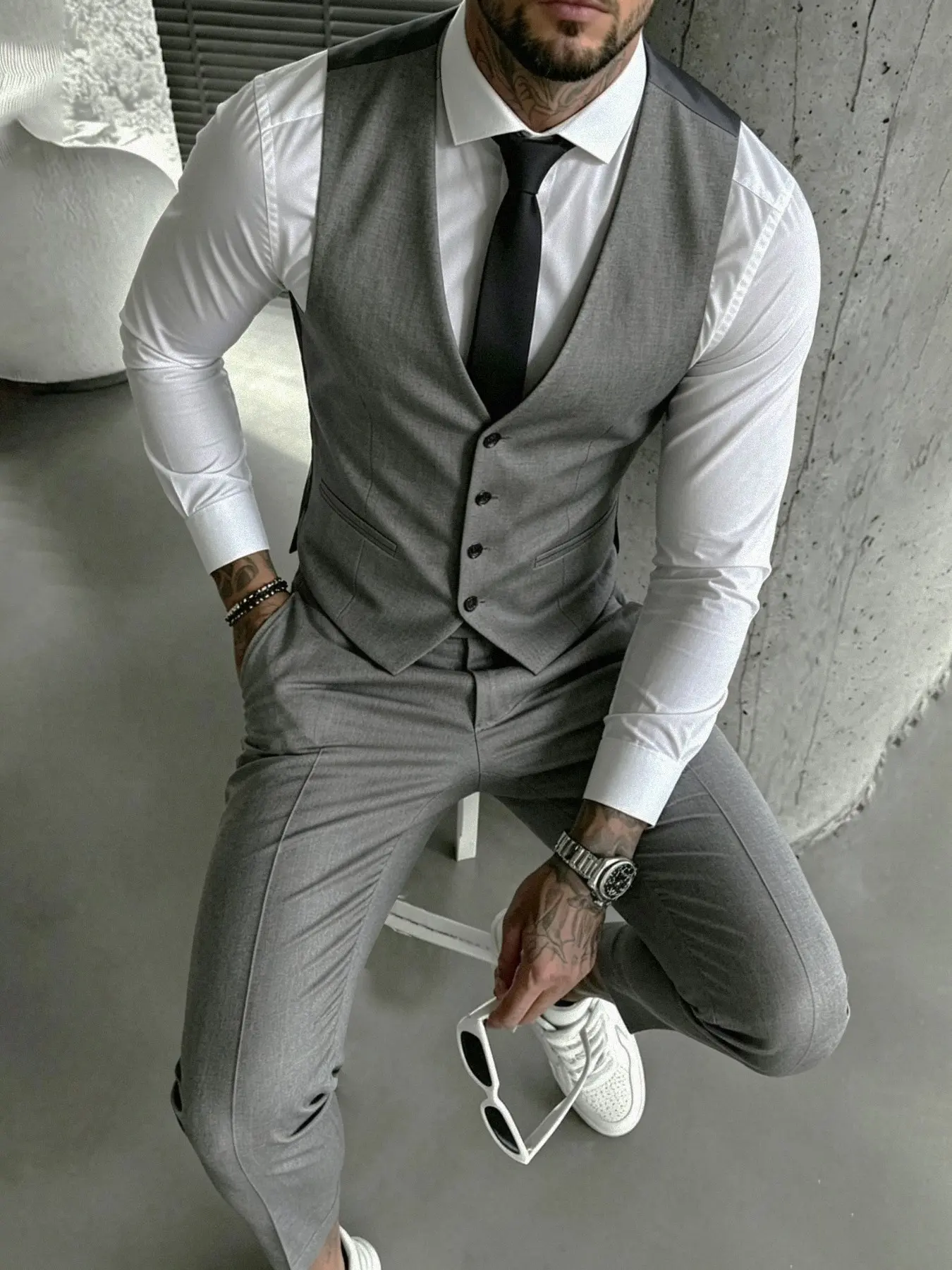 Men's Slim Fit Two-Piece Suit Set, Single Button Solid Color Vest & Pants, Formal Business Wear, Elegant Wedding, Business Suits Set