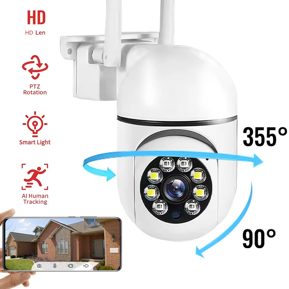 Wireless Security Camere，355°Panoramic Rotatable Lens,Two Way Audio,Color Night Vision,Smart Motion Detection,Dual Storage Optional,Loop Recording,2.4G WiFi Connection,Outdoor Security Cam