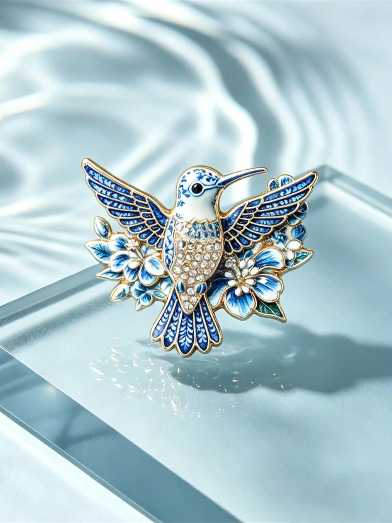 1PC Vintage Blue And White Porcelain Hummingbird Brooch, Rhinestone Oriental Floral Bird Lapel Pin Badge for Coat Scarf Suit Decor Gift For Bird Lovers Women