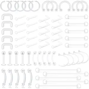 D.Bella 65pcs Mix Style Clear Piercing Retainer Flexible Lip Ear Nose Septum Eyebrow Nipple Tongue Rings Cartilage Tragus Earrings Retainer Bioflex Horseshoe Hoop Industrial Barbell