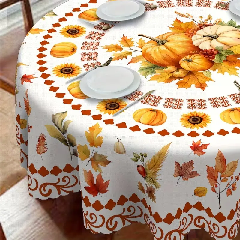 2D Flat Party Round Tablecloth, Fall Harvest Thanksgiving Polyester, Maple Leaf Pumpkin Sunflower Design, Kitchen Restaurant Picnic Decor, Gift