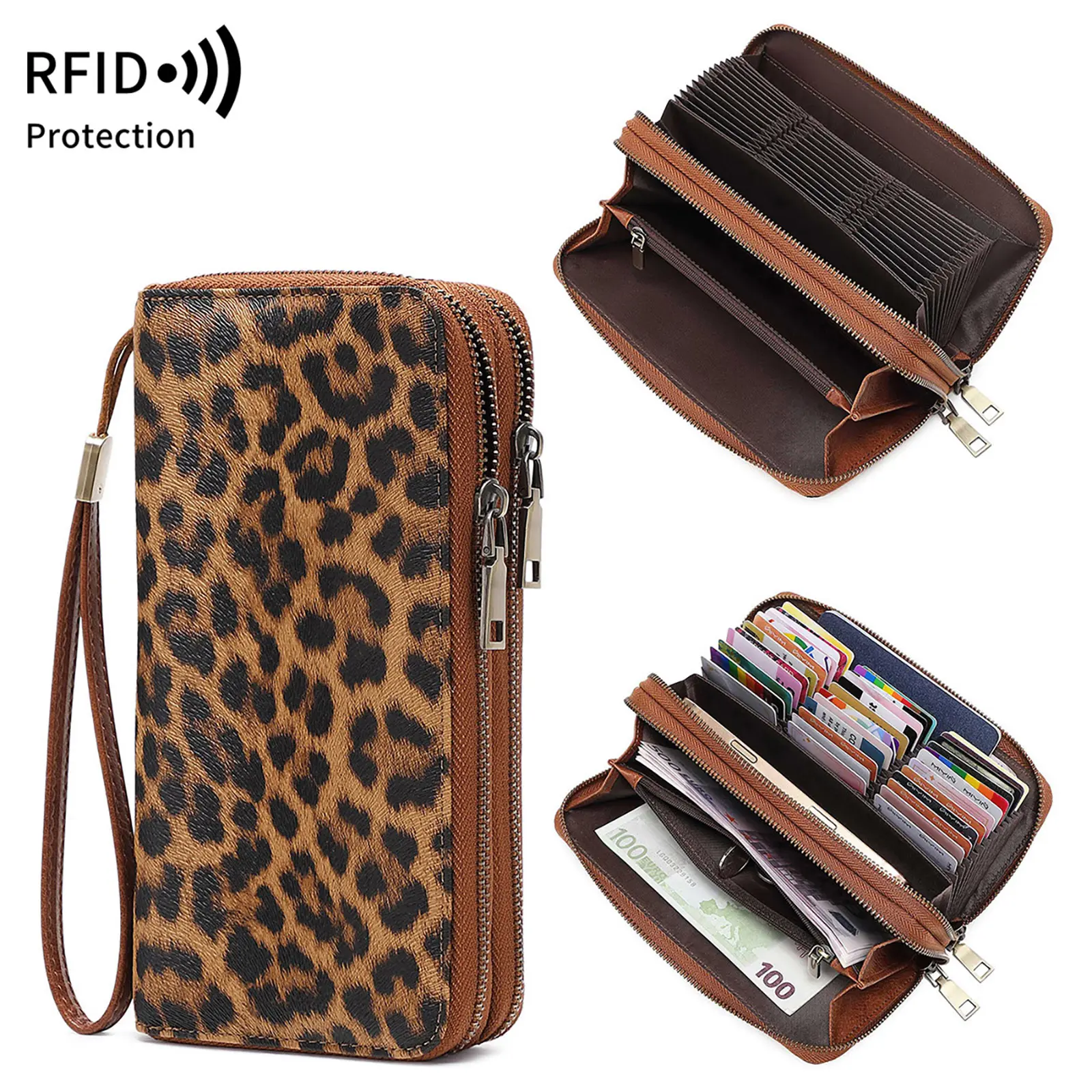 Women's High-Capacity Anti-Theft RFID Wristlet Wallet - Double-Zipper Design Casual Chic Phone Clutch Purse with Hand Strap, Multi-Card Slots Leather Organizer for Travel & Daily Use, Mom, Best Friend, Leopard Print, Sweet, Zebra Pattern, Casual Wear, Pu,