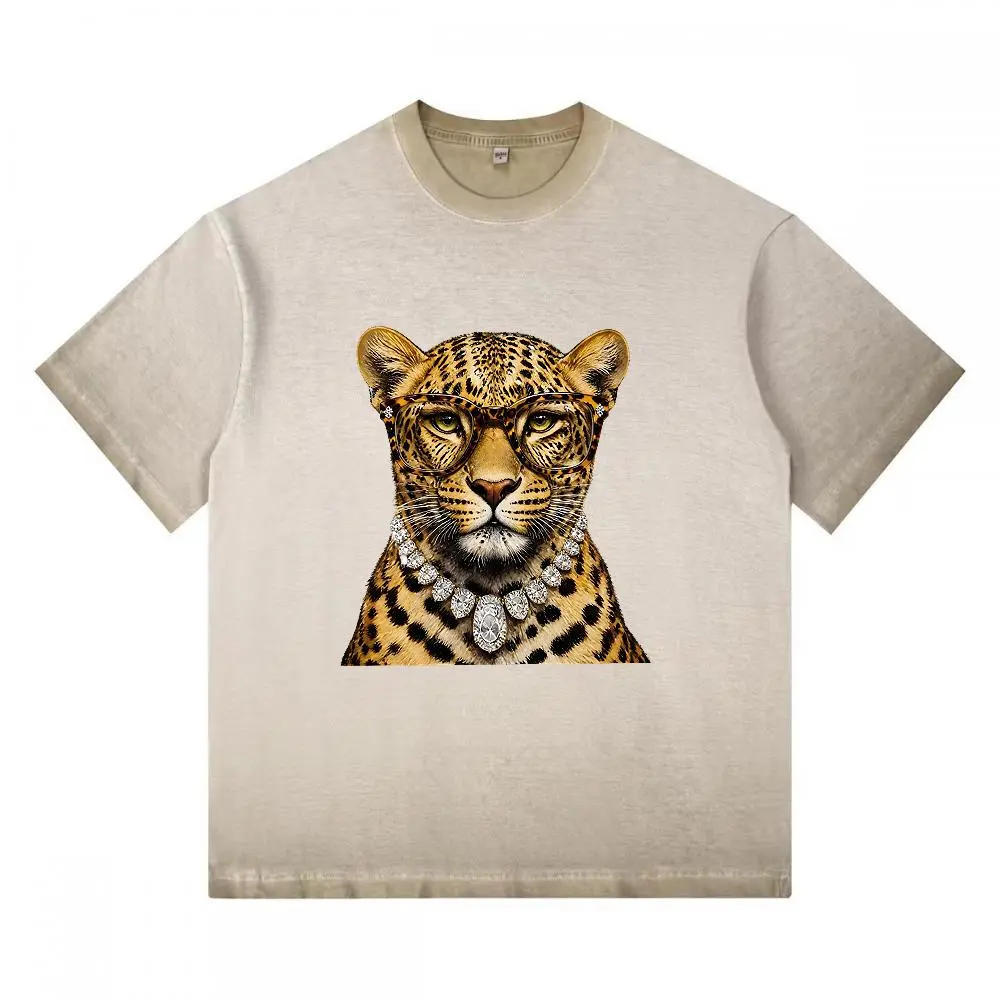 Unisex Retro "Luxury Leopard" Streetwear T-Shirt - Diamond Chain Glasses Graphic, Loose Casual Washed Gradient, All Seasons Men's Short-Sleeve Top, Leopard Graphic Men's Short-Sleeve T-Shirts, Tshirt, Basic, Vintage, Shortsleeve, Menswear, Leopard Print