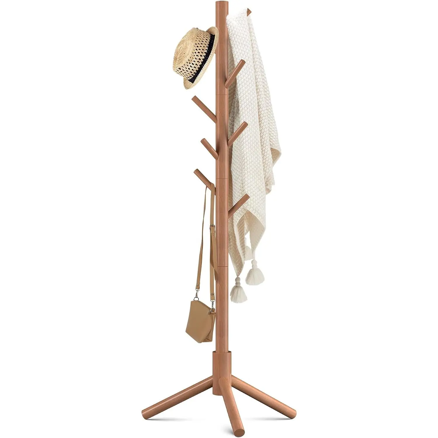 Wooden Coat Rack Stand with 8 Hooks  Zealand Pine 3 Adjustable Coat Standing Tree Easy Assembly for Coats, Hats, Scarves and Handbags for Entryway, Hallway, Bedroom, Office