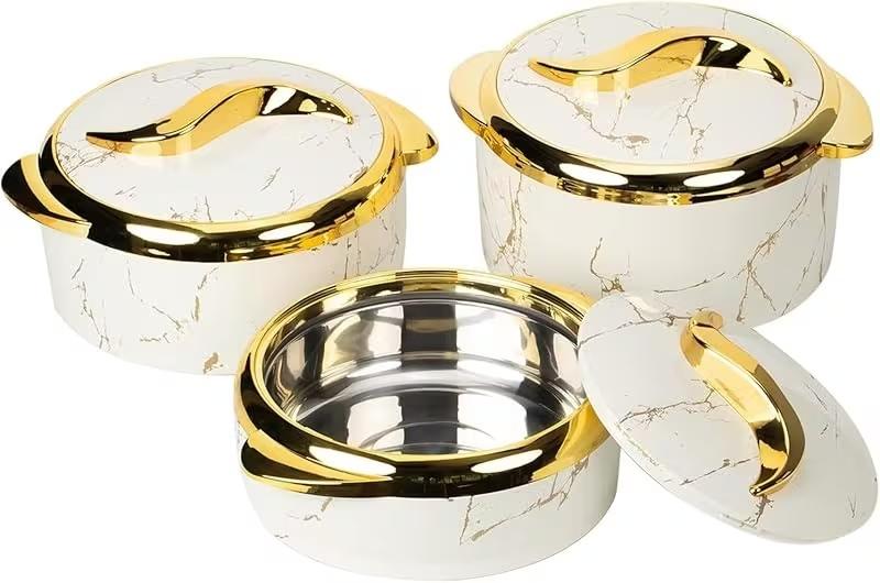 Marble-patterned insulated tableware set, 3-piece modern stainless steel insulated casserole with lid, suitable for buffet use, heat-resistant baking dish for parties and everyday use, party event supplies
