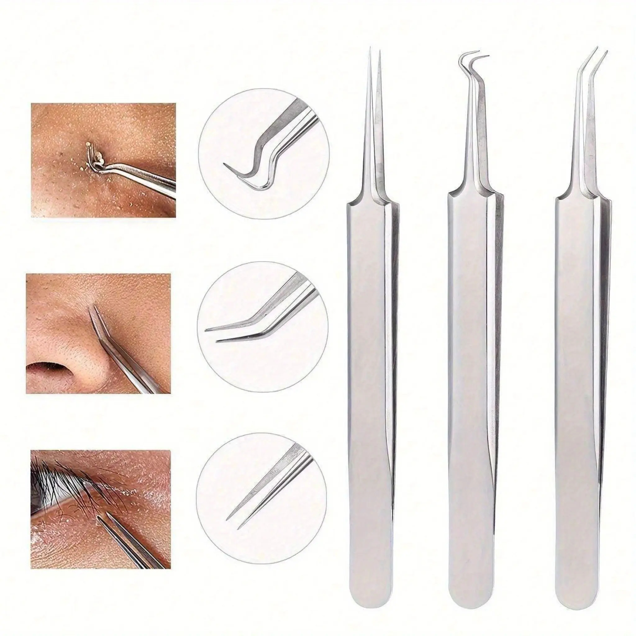 1pc/3pcs Stainless Steel Tool Set, Needle Blackhead Clip, Facial Cleaning Tool Set, Nose Cleaning Tool, Stainless Steel Blackhead Tweezer Set Pimple Tweezers Extractor Tool for