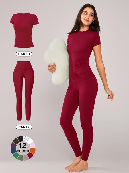 Women's Solid Short Sleeve Tee & Leggings Loungewear, Casual Comfy Round Neck Top & Skinny Pants PJ Set, Ladies Sleepwear for Spring & Fall