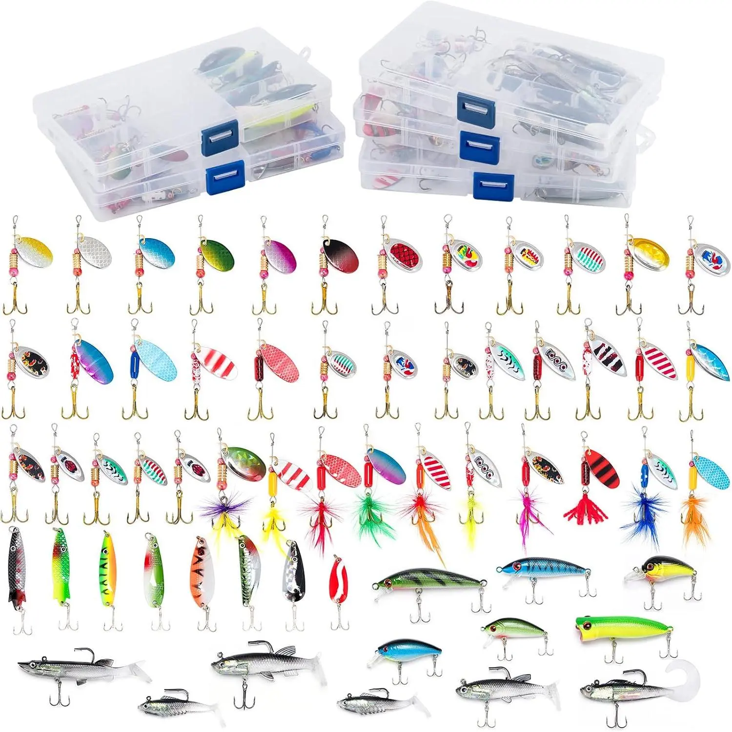 60 count Fishing Lures, 5 Tackle Box with Tackle Included, Trout Lures Rooster Tail Spinner Baits Soft Baits Fishing Lures for Freshwater Saltwater Crappie Walleye Bass Lures Kit