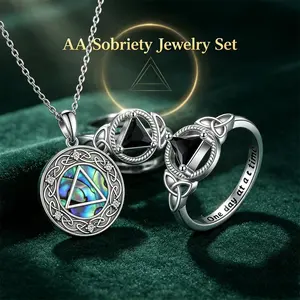 Women's Stainless Steel AA Sobriety Jewelry Set with Abalone Shell Pendant Necklace & Celtic Knot Black Triangle Ring - One Day at a Time, Elegant Sobriety Recovery Gift for Women, Meaningful Strength Milestone Jewelry