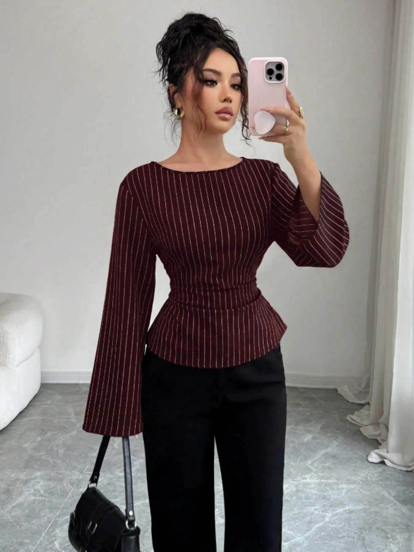 Women's Elegant  Striped Boat Neck Bell Sleeve Peplum Blouse,Spring Fall Office Fashion Fitted Shirt,Business Casual Tops,Fashion Fitted Clothes