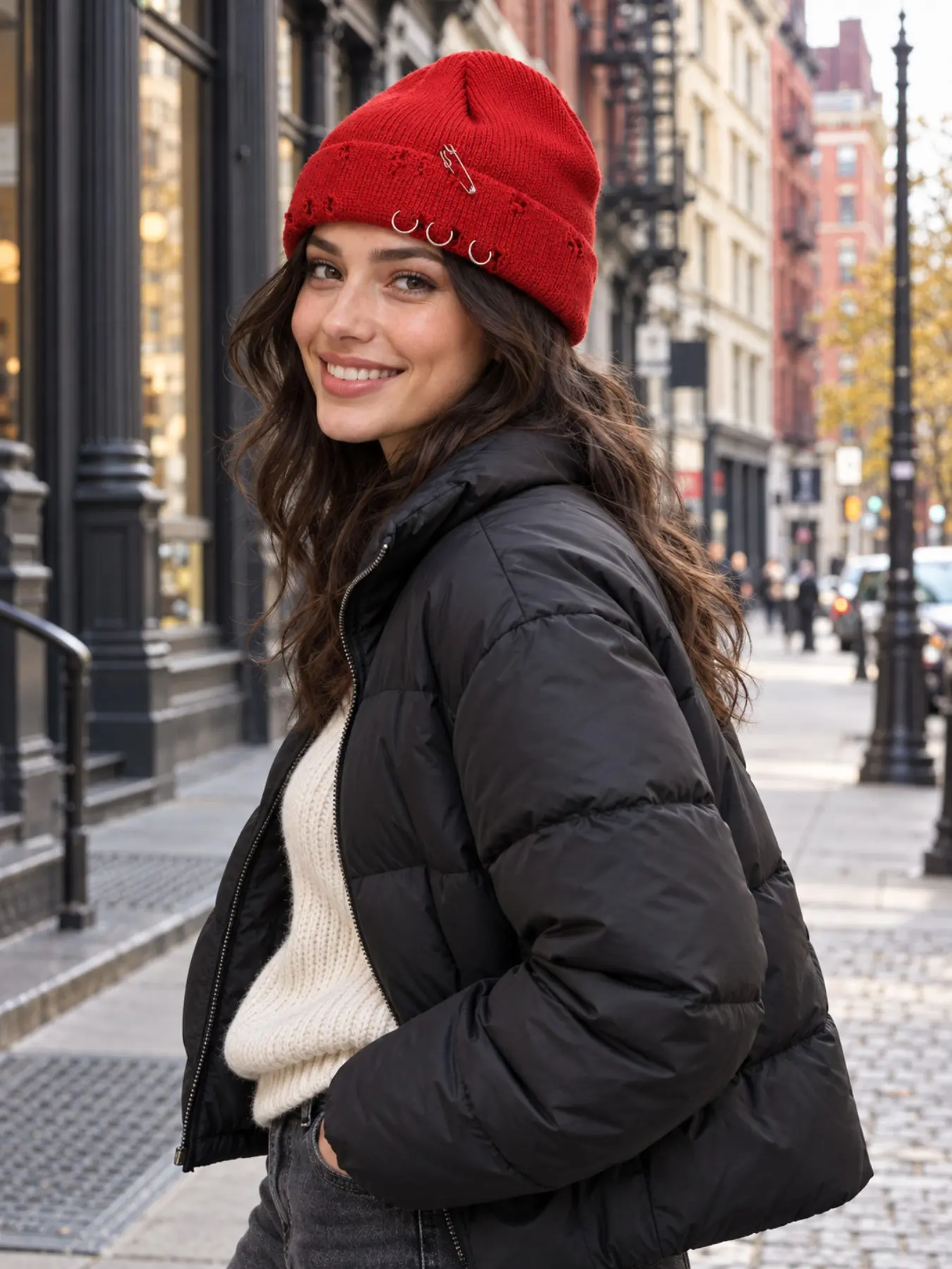 Unisex Streetwear Beanie Hat, Soft Warm Knit Cap with Distressed Holes, Metal Pin Detail, Winter Daily Wear, Cute Loose-Fitting Style