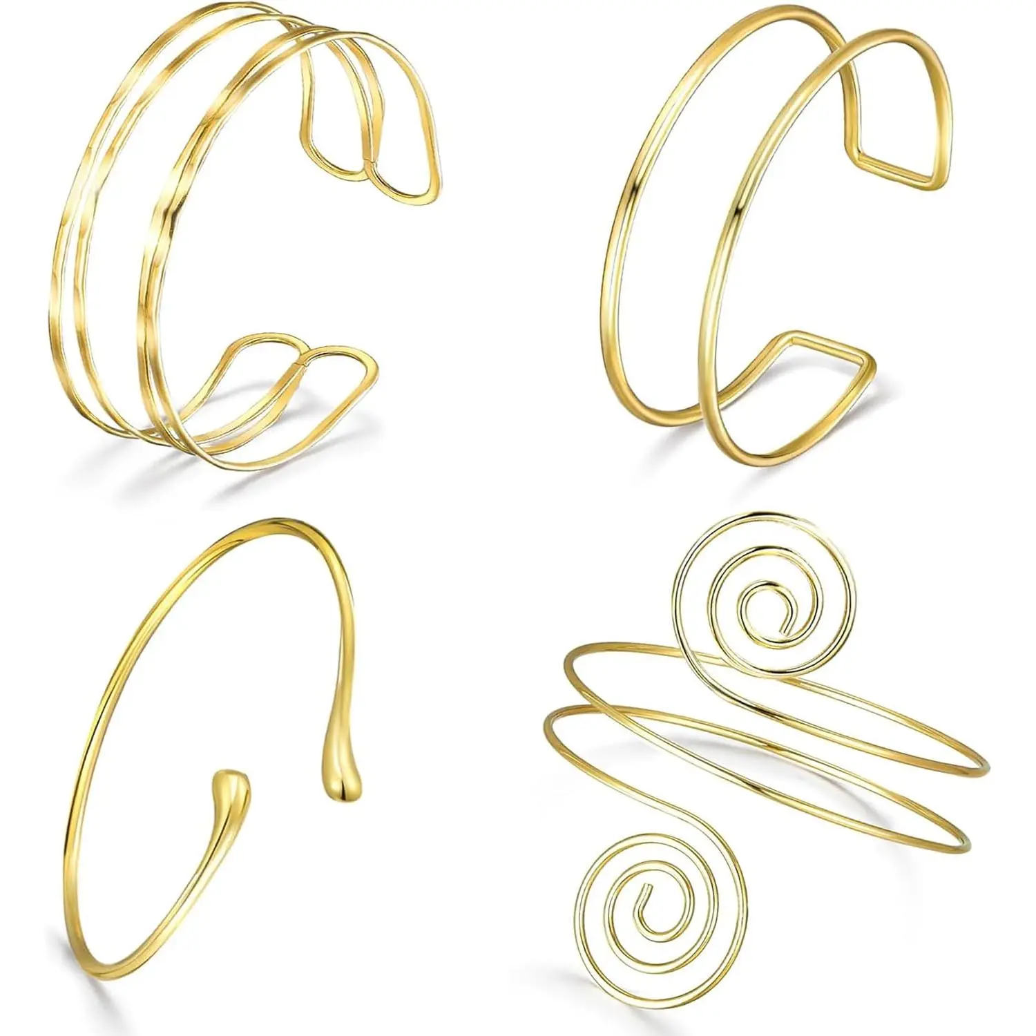 Golden Arm Cuffs for Women Minimalist Upper Arm Bracelet Band Bangle Armlet Adjustable Stackable Coil Armband Sets