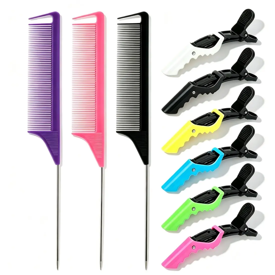 Styling Tool Steel Needle Tip Tail Comb, 9pc Alligator Clips, Heat Resistant Anti-Static, Salon Professional Hairdresser Clips