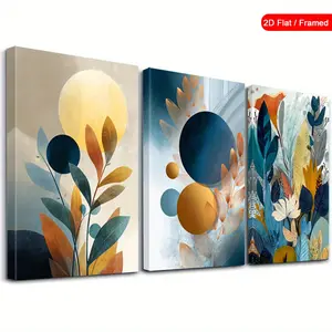 Three-piece framed abstract geometric wall art, natural-themed poster, bold color print wall art, leaf pattern canvas painting, modern poster painting artwork, suitable for living room, bedroom, stylish home and office decoration, room decoration, framed