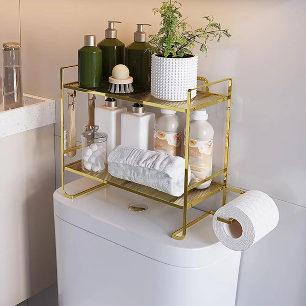 2 Tier Bathroom Vanity Organizer, Metal Bathroom Counter Storage with Paper Holder & 2 Hooks, Countertop Organizer for Bathroom Counter
