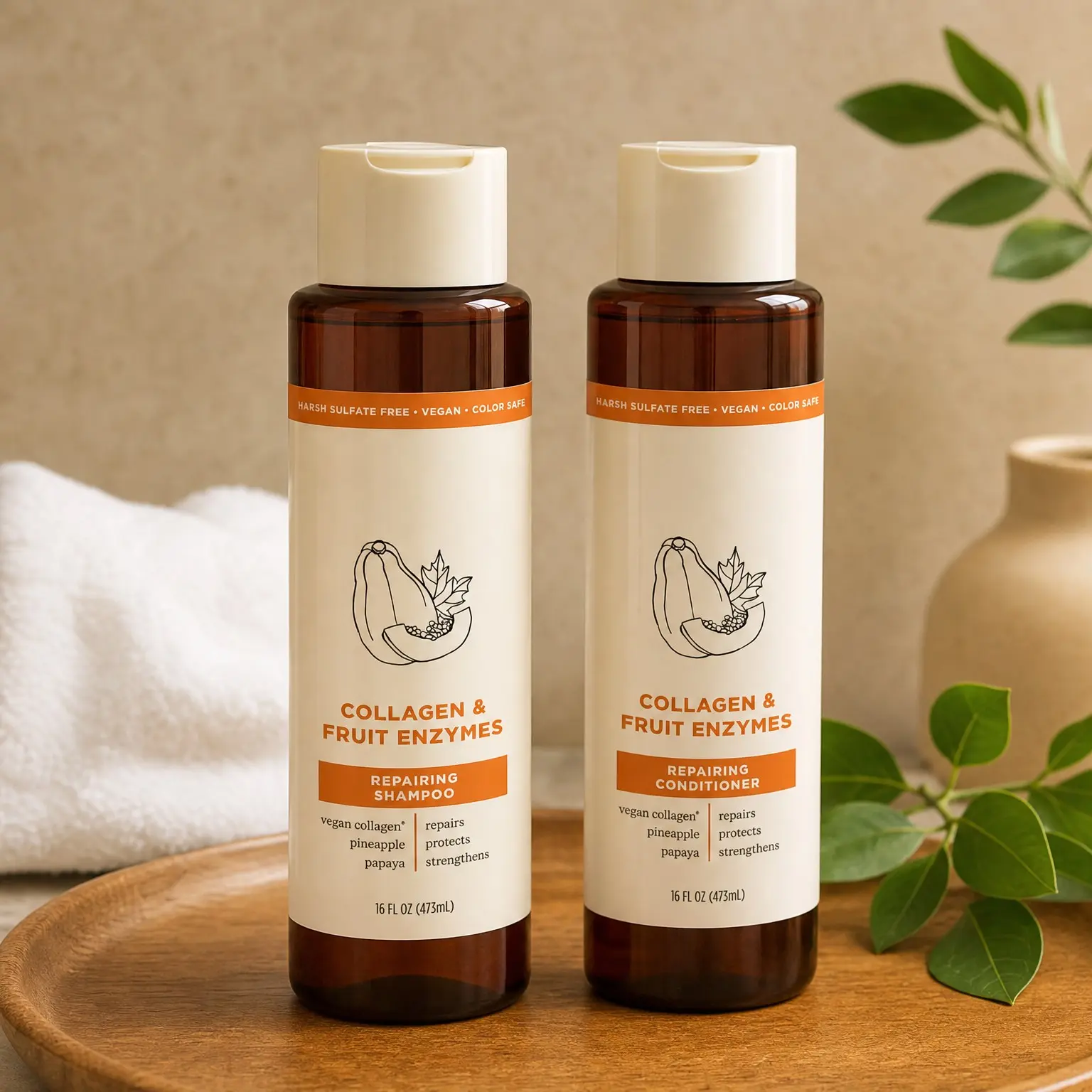 Collagen & Fruit Enzymes Shampoo & Conditioner Set, 16 oz | Daily Repairing Shampoo & Conditioner - Strengthens & Repairs Hair - Vegan & Clean Ingredients - Paraben & Sulfate Free