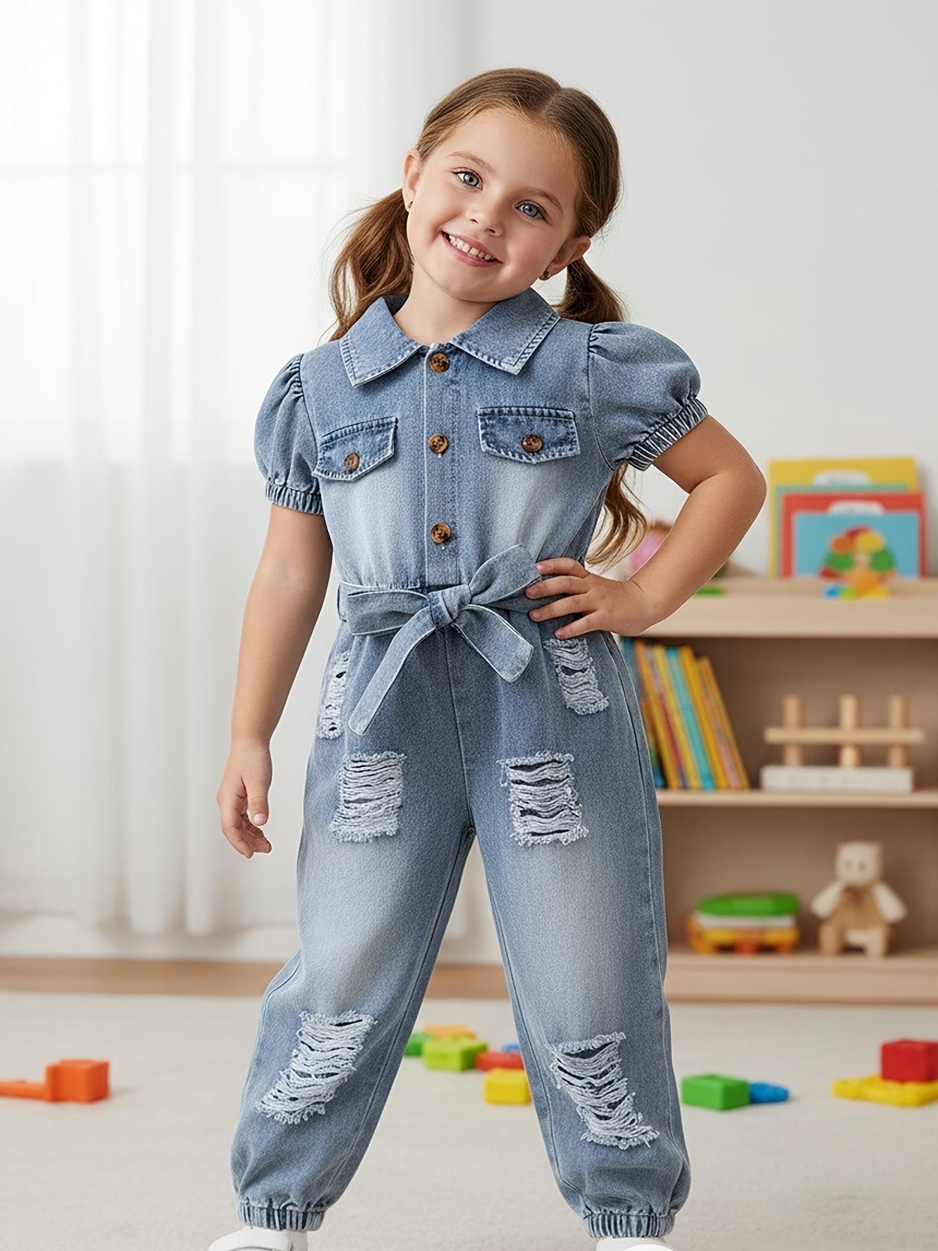 (New)2pcs Girls Faux Denim Jumpsuit With Belt |     Long Sleeve Romper Outfit Spring Summer Kids Casual Play Clothes, Solid Color, Puff Sleeve, Regular Fit, for Outdoor(Gift)11