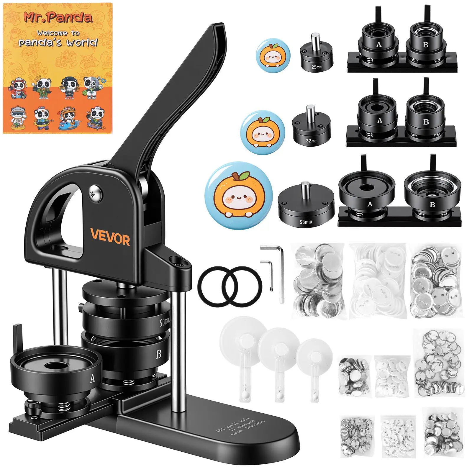 VEVOR Multi-Size Button Maker Machine for DIY Users - 1"/1.25"/2.25"(25/32/58 mm) Inches/MM Pin Maker, Black, 300pcs Button Parts, Circle Cutter, Magic Book, Ergonomic Handle, for Badges Pins, Fridge Magnets
