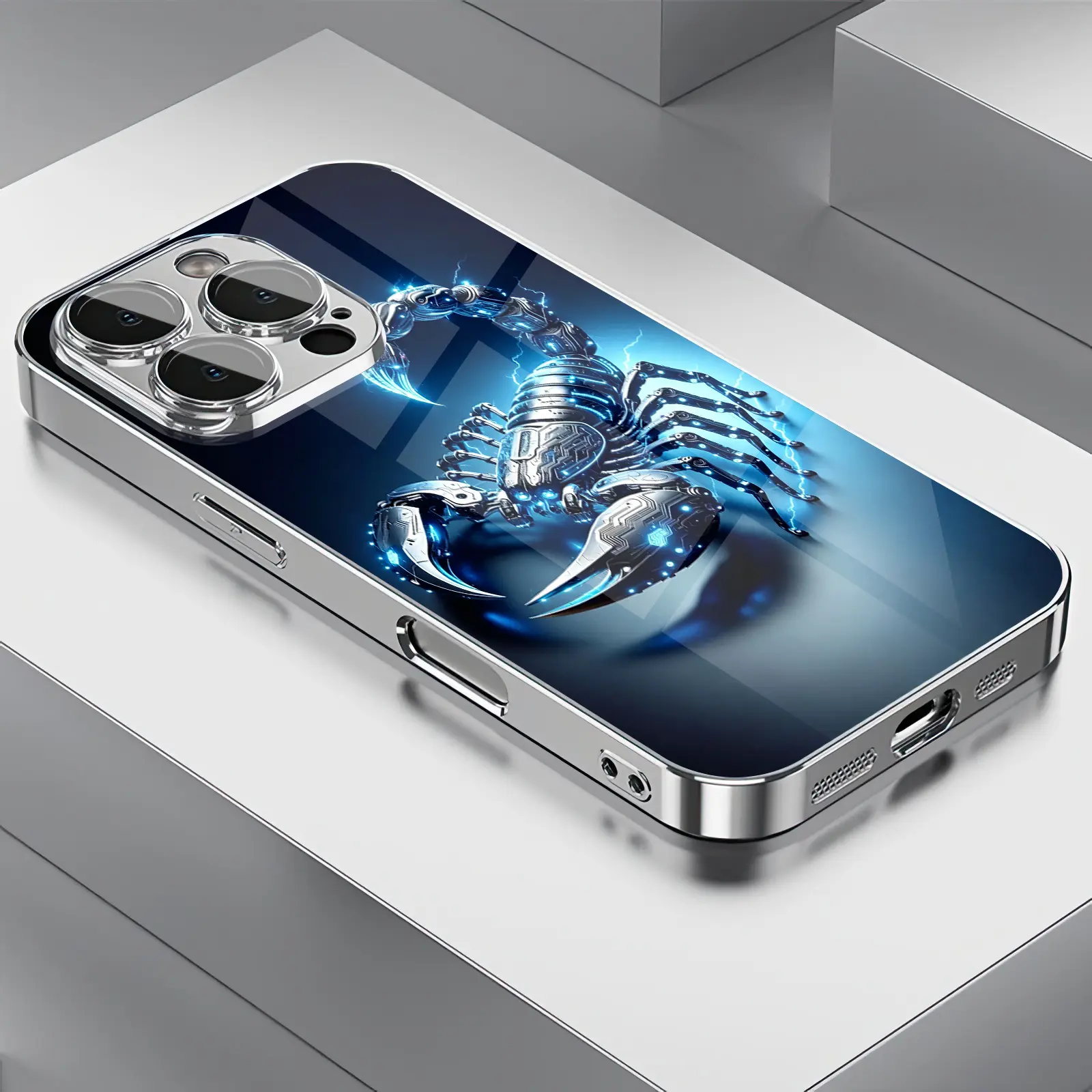 Blue Tech Mechanical Scorpion 2D Printed Pattern Protective Shell, Mobile Phone Accessories for iPhone 17 Pro Max 16 15 14 13 12 11 & Samsung Galaxy S25 Ultra S24 S23 S22 S21 S20 A Series, Multi-Model All-Inclusive Size Case - ZQ195