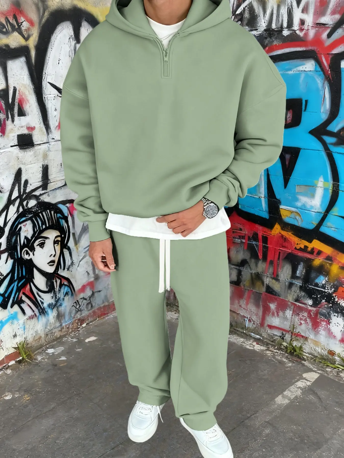 High Street Half-Zip Hoodie Set, Loose Fit Sporty Two-Piece, Streetwear Lazy Drop Waist Sweatpants, Casual Commute Fitness Trendy Set