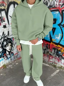 High Street Half-Zip Hoodie Set, Loose Fit Sporty Two-Piece, Streetwear Lazy Drop Waist Sweatpants, Casual Commute Fitness Trendy Set