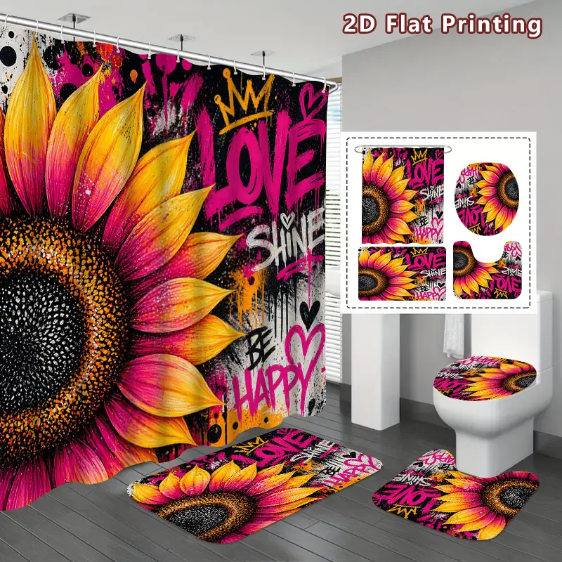 4-Piece set of graffiti sunflower Decorative Shower Curtain set, bright pink and yellow gradual change sunflower street graffiti bathroom decoration, installation of U-shaped, toilet cover, shower curtain with hook, street art inspirational decoration