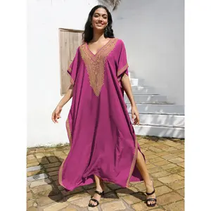 Ethnic Style Loose Fit Casual Long Robe, Bikini Swimsuit Cover-Up, Home Sleepwear, Women's Sun Protection Dress, Full-Length Gown, Beach Cover Ups, Bohemian Cover Up