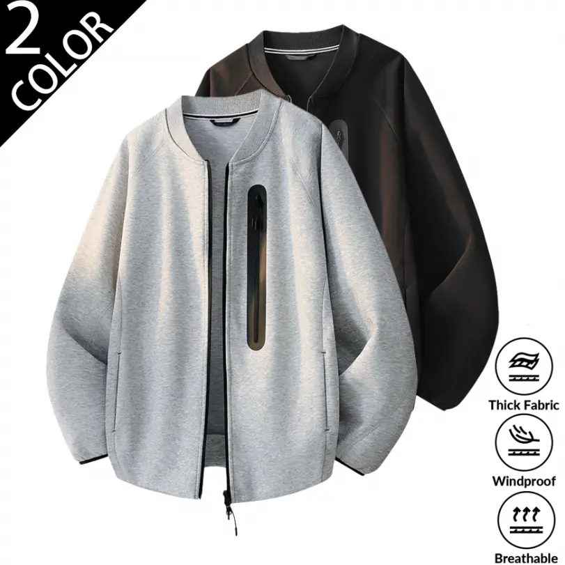 2026 New Menswear Loose Zip-Up Baseball Jacket - Men's Tops, Stylish Long Sleeve Thick Windproof Breathable Outerwear with Raglan Sleeves, Zipper Pockets, for Gym Daily Travel