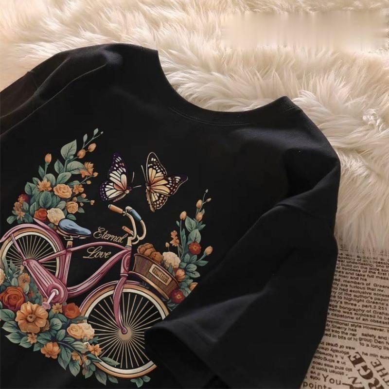 Unisex Korean-style loose-fit printed simple round-neck cotton top, women's breathable soft thick T-shirt, summer street style round-neck casual black short-sleeve shirt