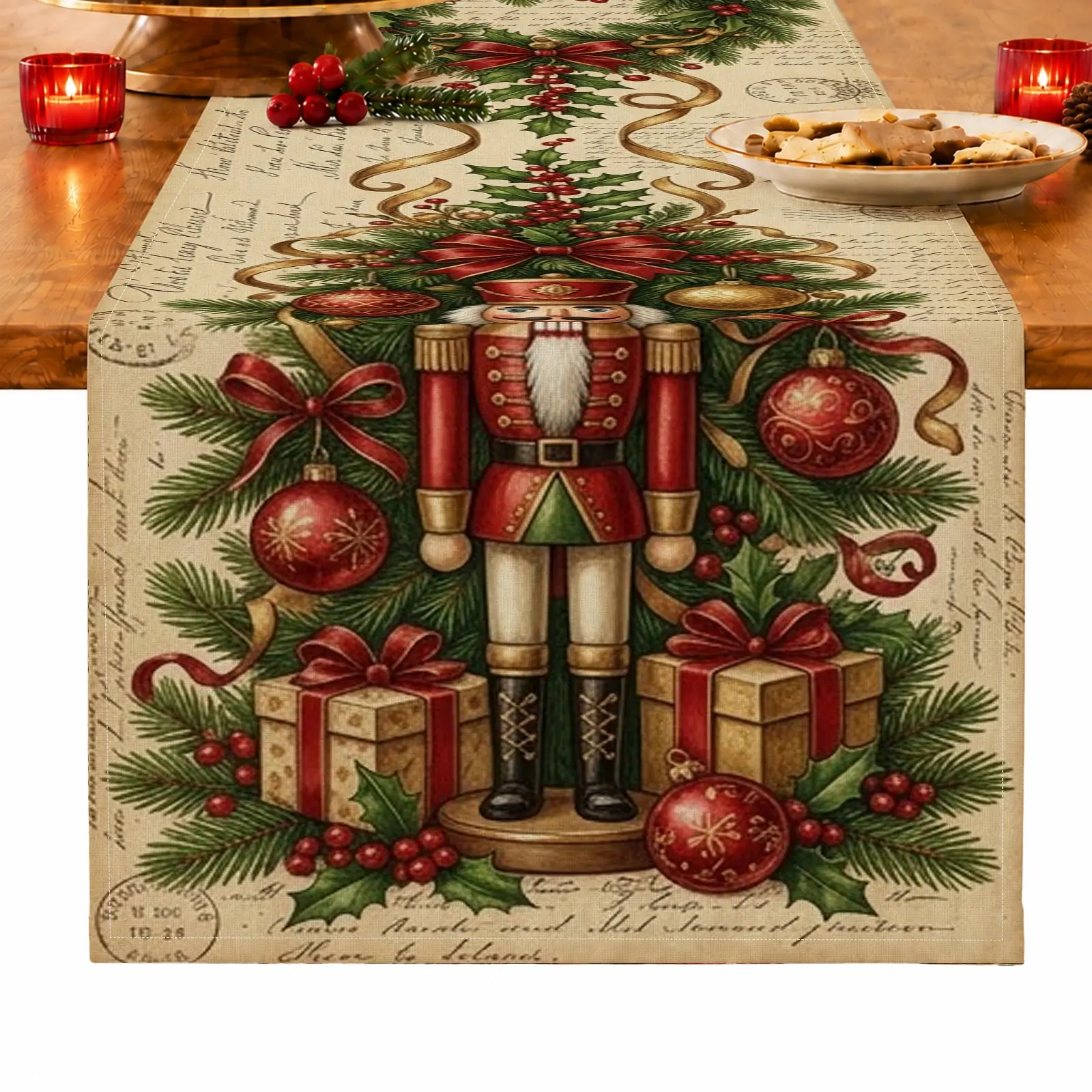 1pc Nutcracker Pine Tree Holly & Gift Box Table Runner, Vintage Christmas Style, for Dining Table, Kitchen, Christmas Dinner & Holiday Gathering, Christmas Table Decoration
