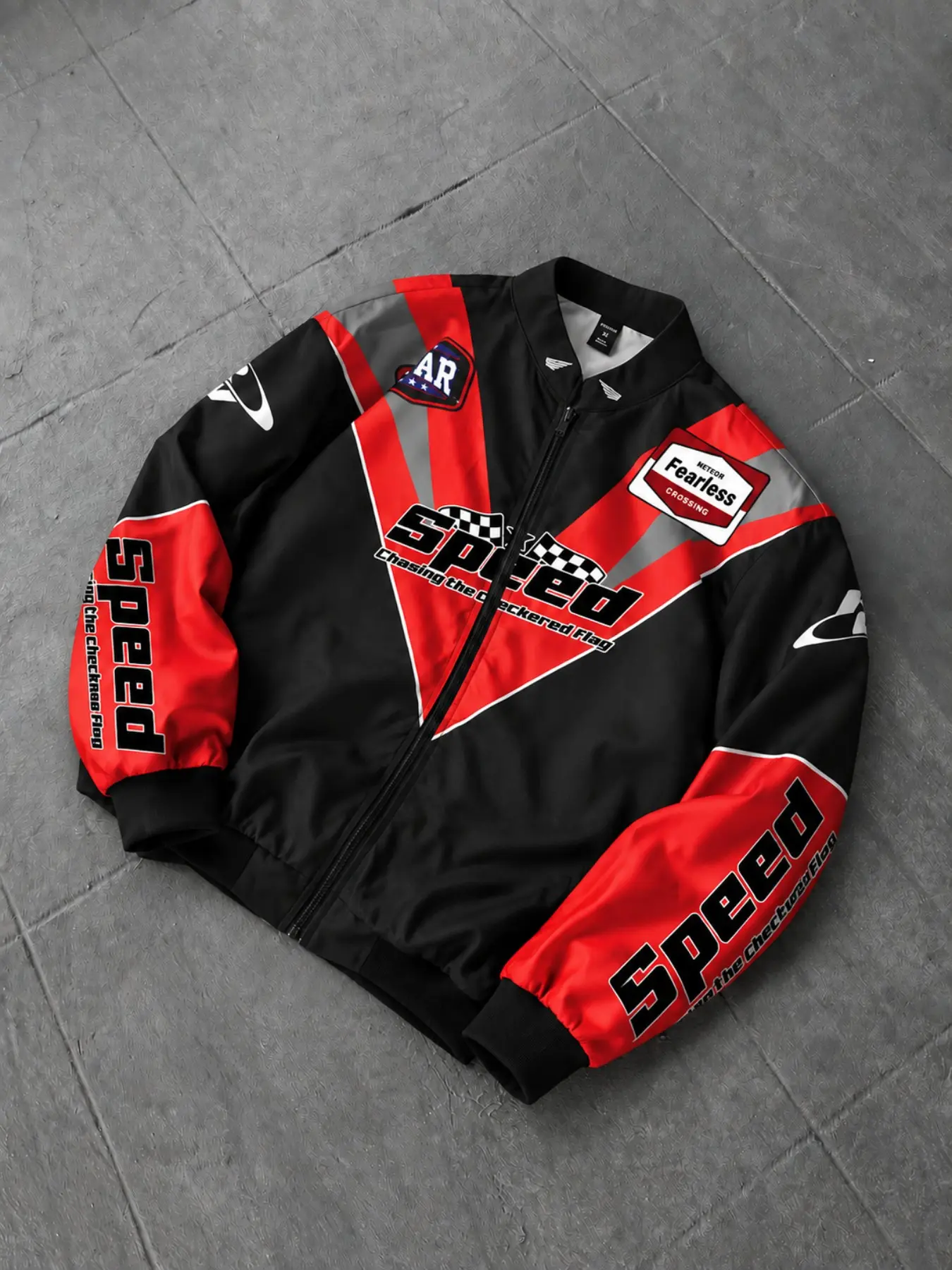 Men's Stand Collar Zip-Up Jacket with Racing Text and Checkerboard Graphics, Long Sleeves, Ribbed Cuffs for Streetwear, Zip Outerwear