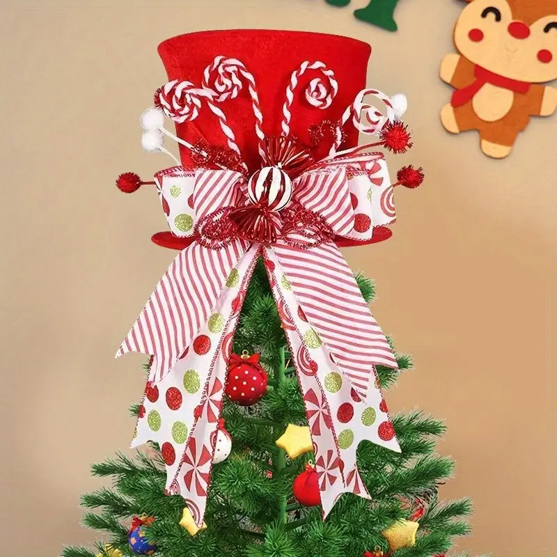 Boho Style Striped Christmas Tree Topper with Adjustable Spring Bow, Durable Holiday Decoration for Indoor Outdoor Use