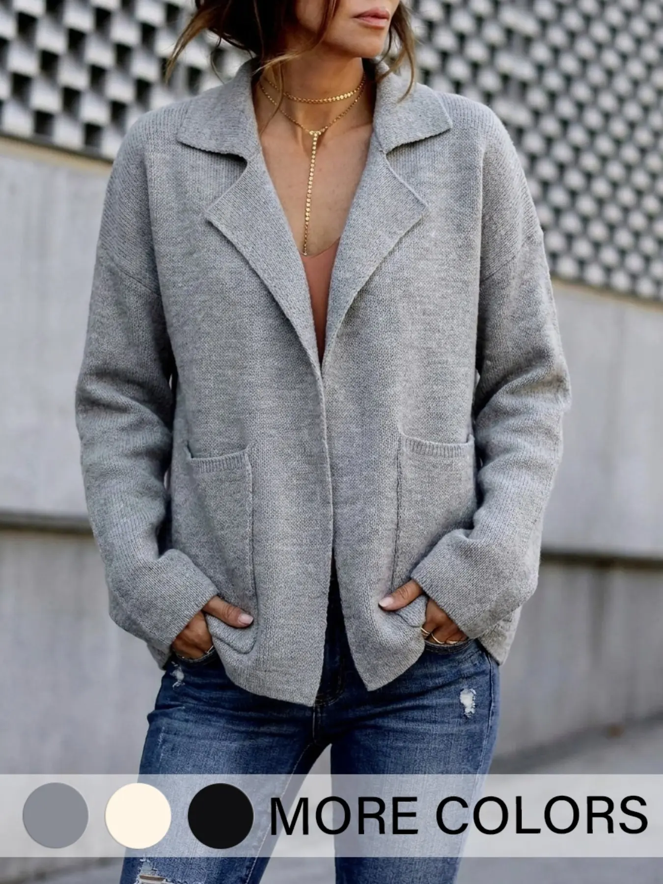 Women's Casual Solid Color Knit Cardigan with Pockets, Long Sleeve Lapel Open Front Sweater Coat for Fall & Winter Seasons