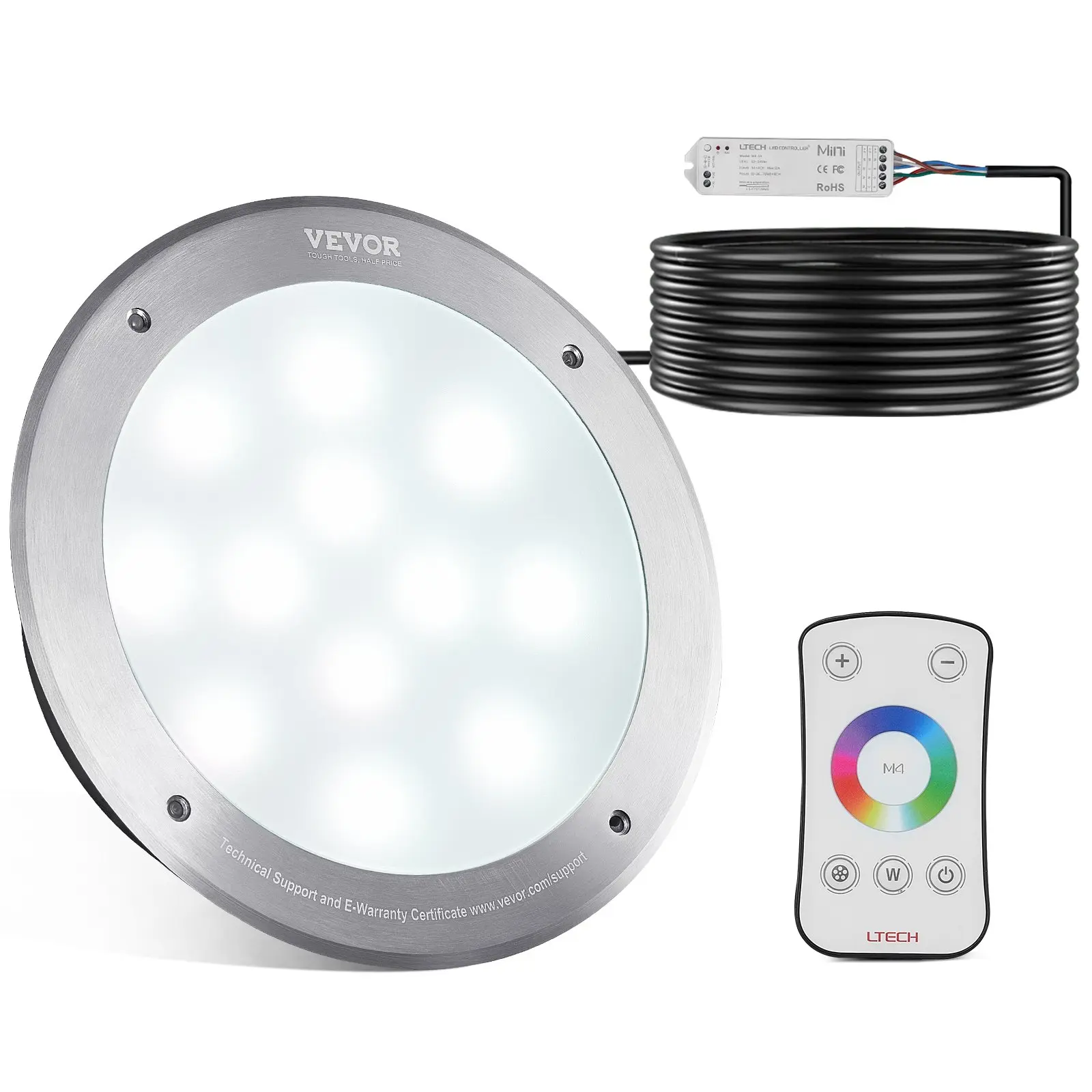 VEVOR 12V IP68 Rated LED Pool Light, 10 in Diameter 40W Multi-Color RGBW Submersible Light, 50 FT Cable & Remote Included, Fits 10 in Wet Niches for Pools, Spas