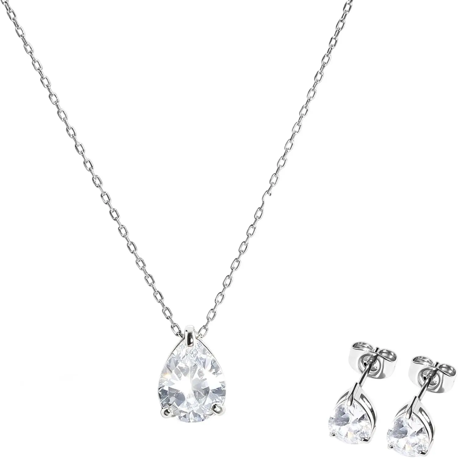 Dainty 5A Cubic Zirconia 316L Stainless Steel Necklace and Earrings Set for Women, Fashion Teardrop Solitaire Jewelry Sets Gift for HerSilver