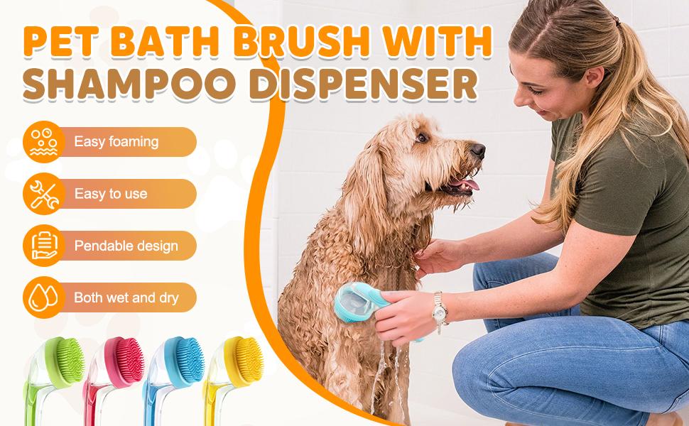 Pet Bath Brush, 2026 New 2 in 1 Dog Bath Brush with Built-in Shampoo Dispenser, Pet Wash Brush for Bathing Dog Grooming Massage Brush for Long Short Haired Dogs Cats Shower (Blue, Fine Teeth)
