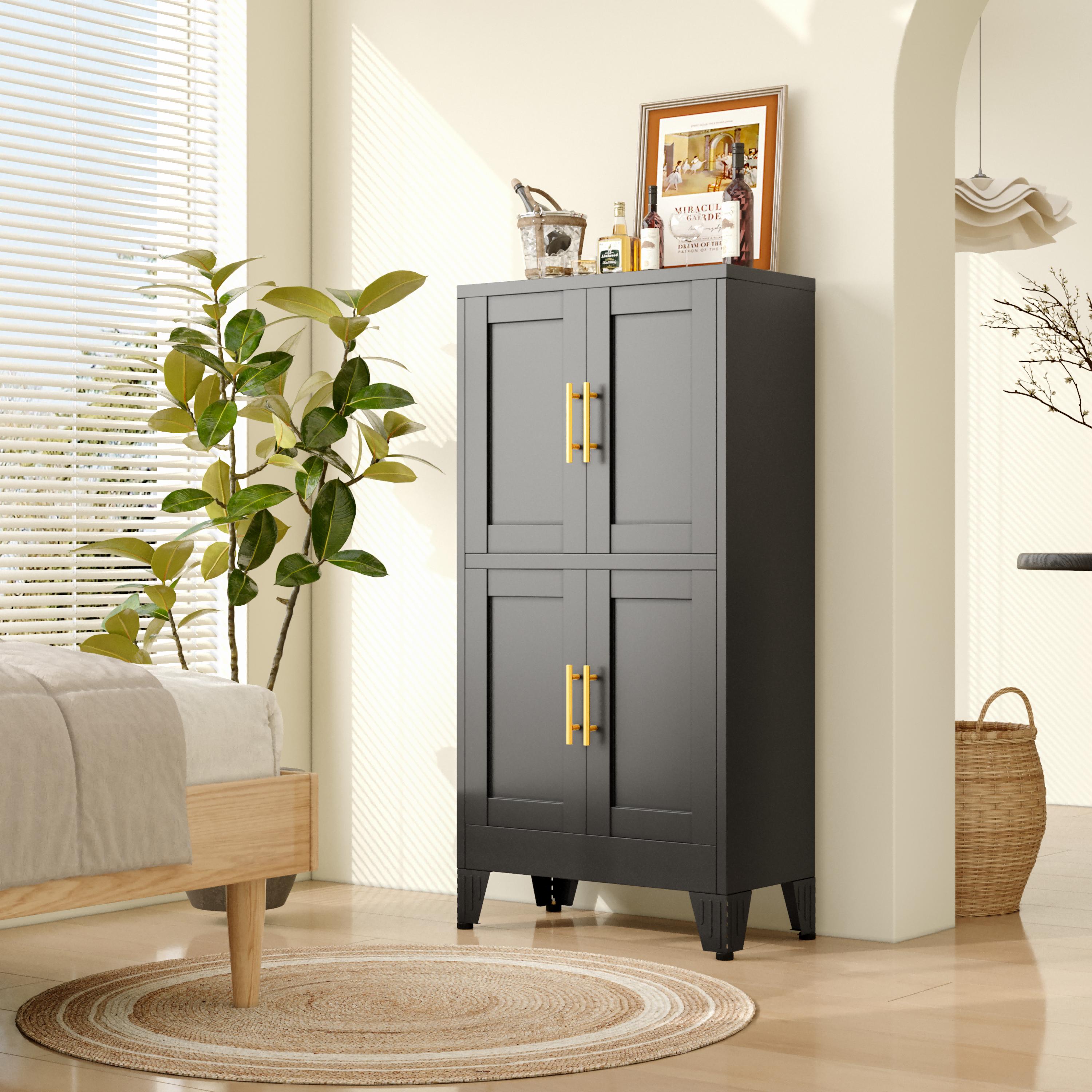 Kitchen Pantry Cabinet 47" Tall Metal Storage with Doors & Adjustable Shelves Black Freestanding Organizer for Kitchen Dining Room Living Room Laundry Room Minimalist Drawer Tower