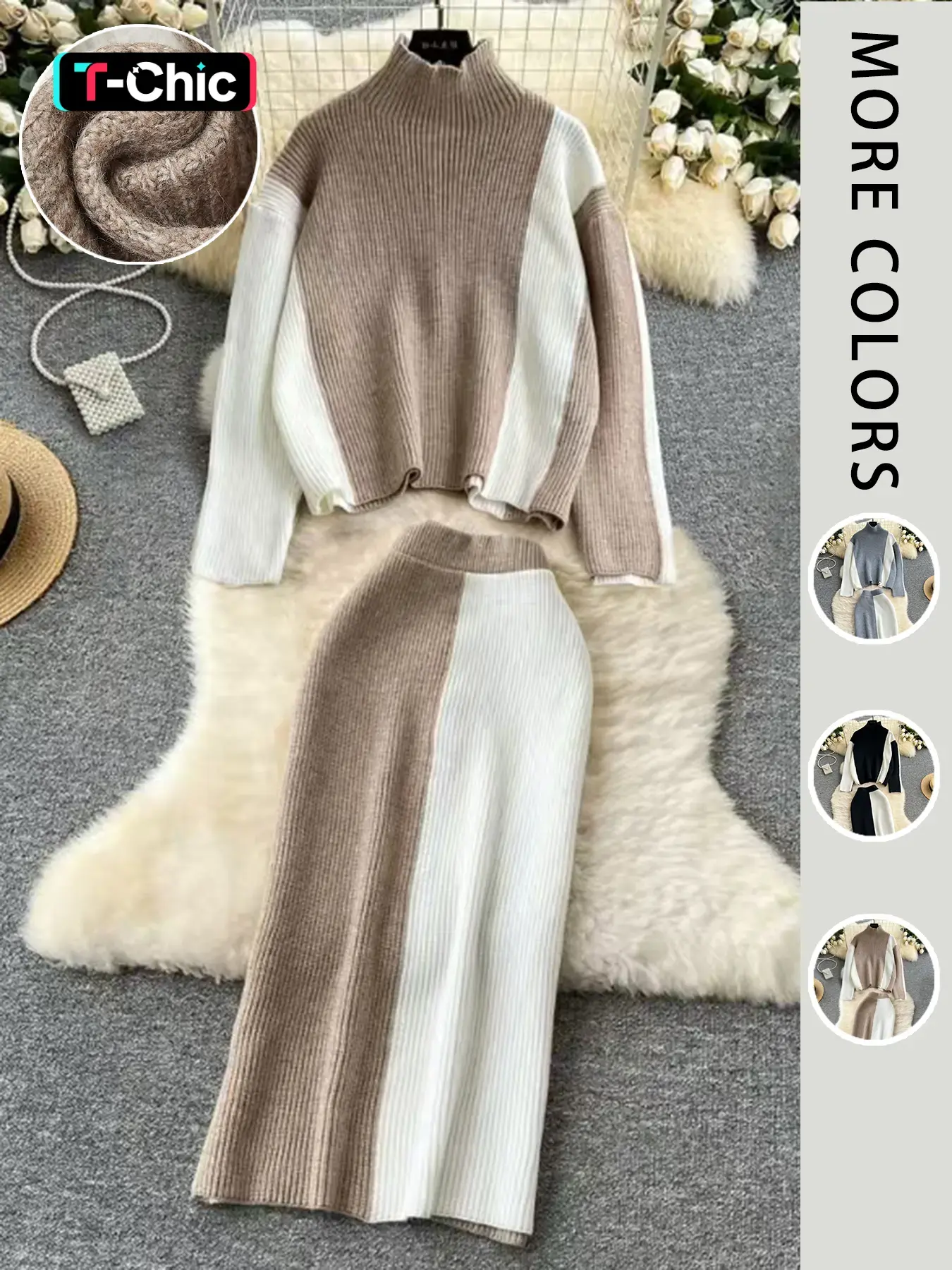 Women's Colorblock Sweater Set, Elegant Mock Neck Knit Top & Elastic Waist Skirt, Casual Fitted Two-Piece for Fall Winter