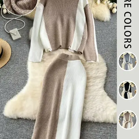 【Black Friday】Women's Colorblock Sweater Set, Elegant Mock Neck Knit Top & Elastic Waist Skirt, Casual Fitted Two-Piece Skirt & Top Set for Fall & Winter