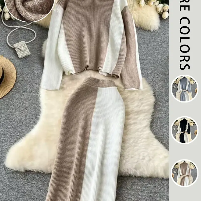 【Black Friday】Women's Colorblock Sweater Set, Elegant Mock Neck Knit Top & Elastic Waist Skirt, Casual Fitted Two-Piece Skirt & Top Set for Fall & Winter