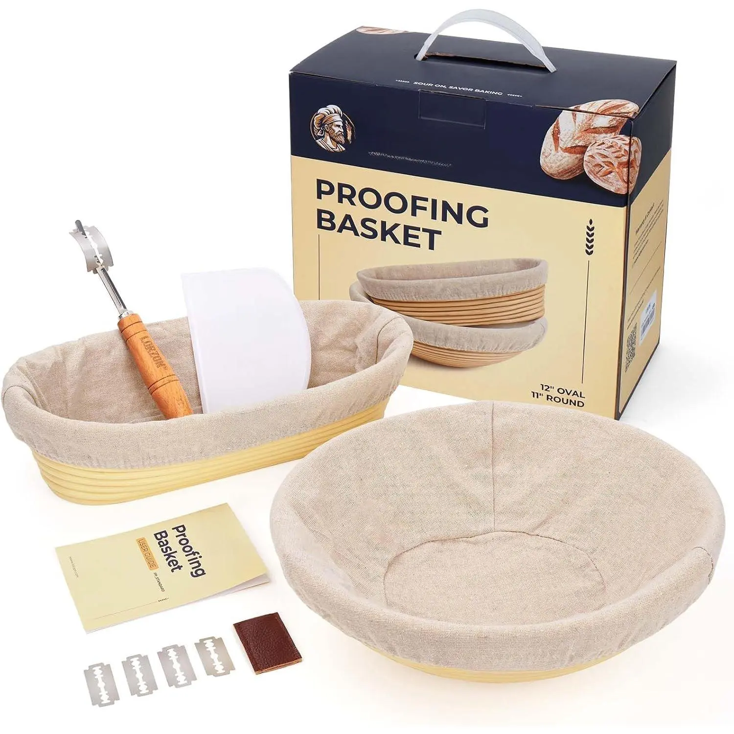 Banneton Proofing Basket Set, Sourdough Bread Baking Supplies (Plastic) | Non-Stick & Dishwasher Safe, 11" Round & 12" Oval Set of 2, -Grade PP, with Bread Lame & Dough Scraper