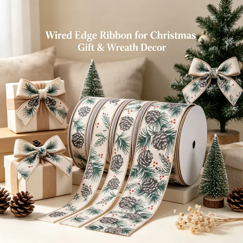 2.5 Inch Pine Cone Berries Wired Ribbon 10Y/Roll, Vintage Farmhouse Ribbon for Christmas Home Crafts