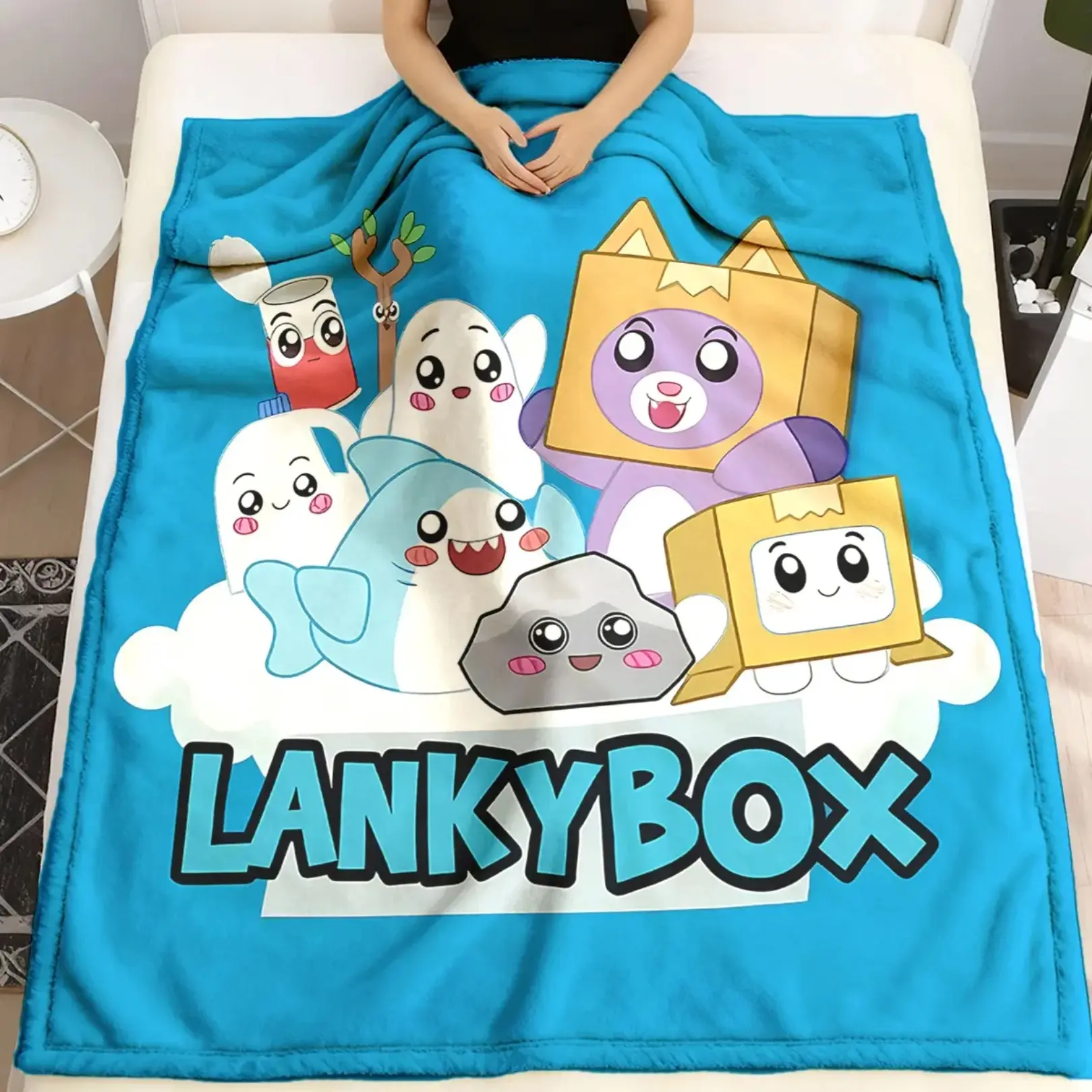 Lankybox Cute Character Flannel Cozy Blanket, Large Size, Soft Lightweight Warm, Perfect for Bed Sofa Office Camping Travel,Kids Toddler Napping Throw Blanket, All Season Playroom Bedroom Decor, Birthday Christmas Easter Holiday Kid Fan Bedding Blanket