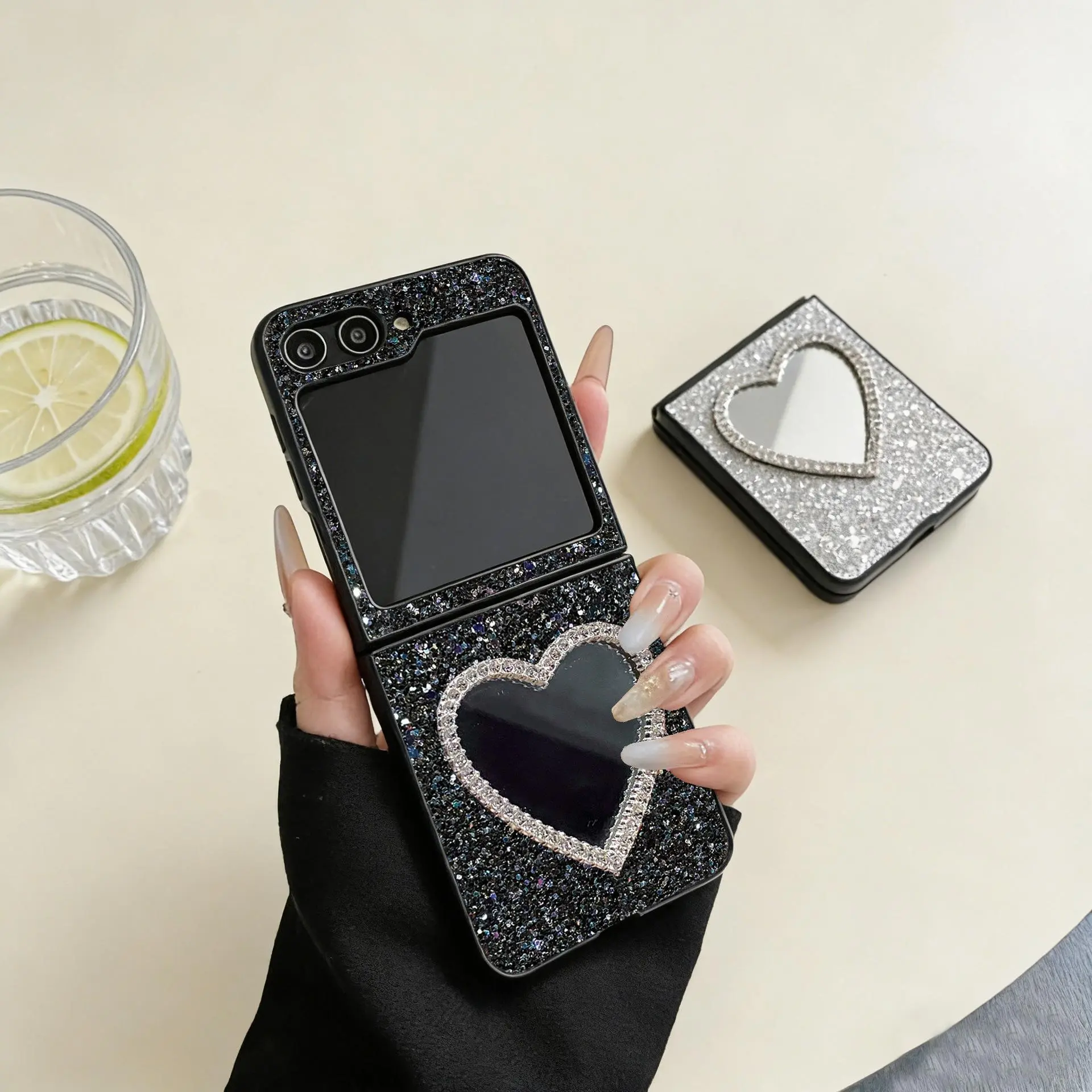 Compatible with Z Flip 8/7 FE/6/5/4/3 |   Heart-Shaped Makeup Mirror Phone Case, Dazzling Starry Glitter for Folding Phone HNZ0013