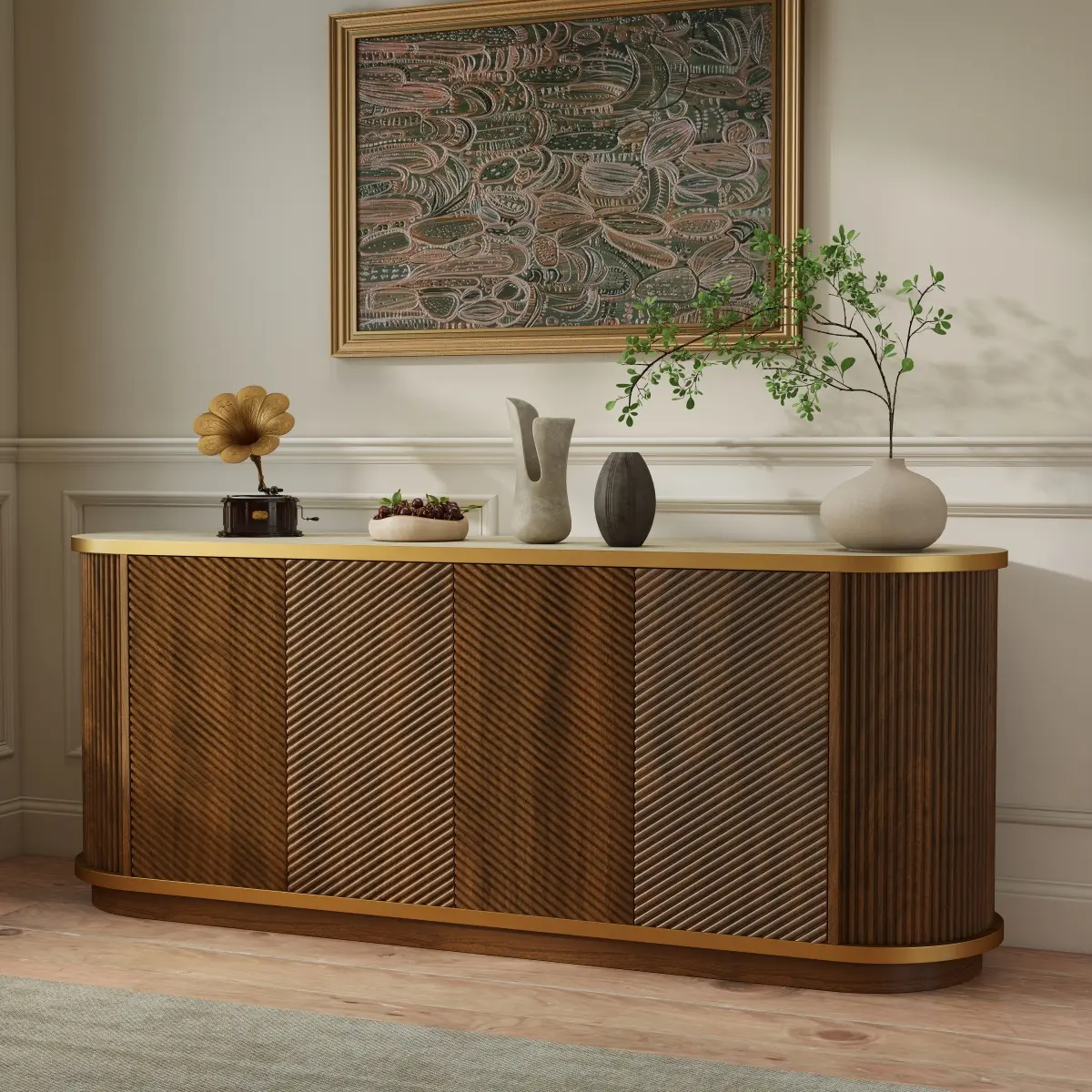 63" Diagonal Fluted Sideboard Cabinet with Storage, 4-Door Walnut Buffet Credenza TV Stand with Gold Trim, Cream Faux Marble-Top Console Table, Modern Cabinet for Dining Room, Living Room, Walnut