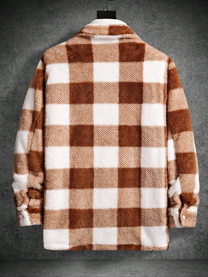 Men's Plaid Pattern Button Front Plush Jacket, Casual Drop Shoulder Long Sleeve Outerwear for Fall & Winter, Men's Clothes for Daily Wear, Coats